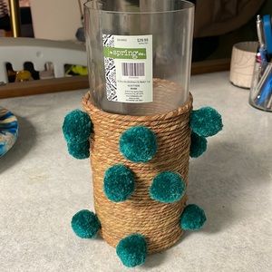 Fun Glass Vase or Container with Pom Poms and Rope 10.5” Tall BRAND NEW